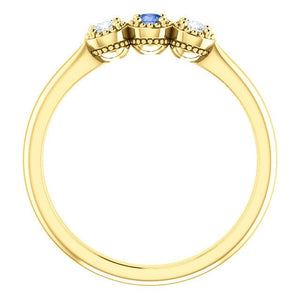 Ceylon Blue Sapphire Forever One Moissanite Ring, 14K Gold, Low Profile, 3 Stone Ring - MiShelli