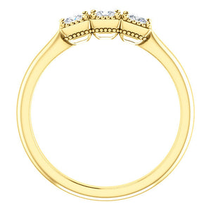 Princess Cut White Sapphire Ring, Size 7, 14K Yellow Gold, 3 Stone Anniversary Band - MiShelli