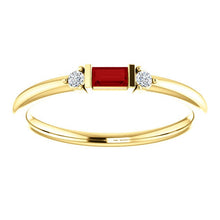 Load image into Gallery viewer, Ruby Baguette Diamond Mini Stacking Ring, 14K Gold, Birthstone Band, Non Traditional Wedding Ring - MiShelli