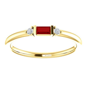 Ruby Baguette Diamond Mini Stacking Ring, 14K Gold, Birthstone Band, Non Traditional Wedding Ring - MiShelli