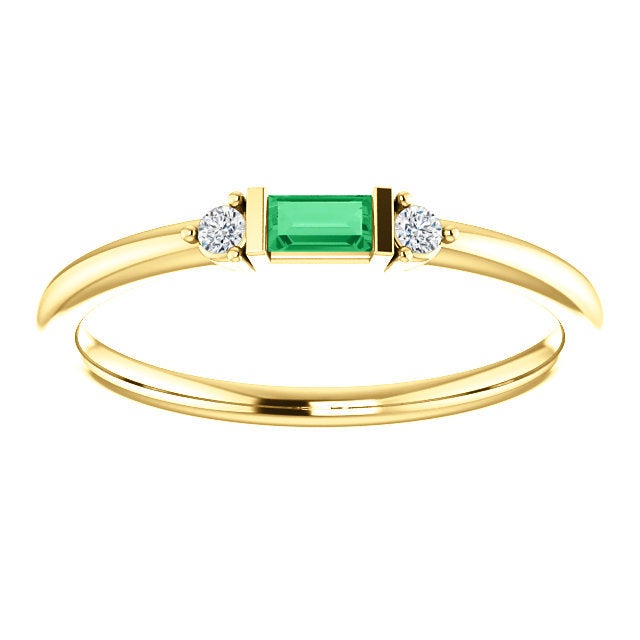 Emerald Baguette Diamond Mini Stacking Ring, 14K Gold, Birthstone Band, Non Traditional Wedding Ring - MiShelli