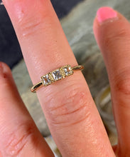 Load image into Gallery viewer, Princess Cut White Sapphire Ring, Size 7, 14K Yellow Gold, 3 Stone Anniversary Band - MiShelli