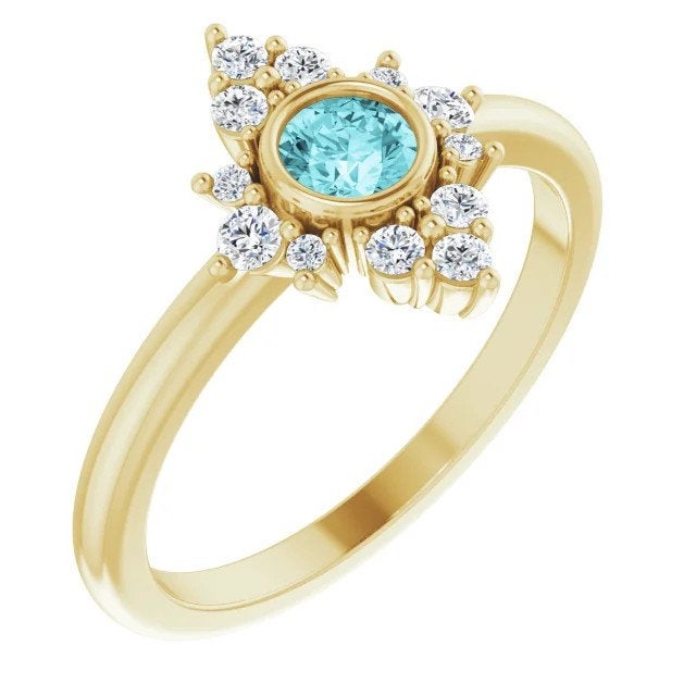 Blue Zircon Diamond Cluster Gemstone Ring, 14K/18K Bezel Set, Yellow, White, Rose Gold, Non Traditional Engagement, Cocktail Ring - MiShelli