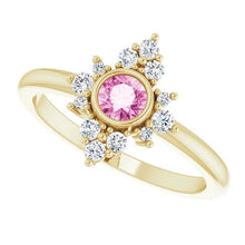 Load image into Gallery viewer, Pink Sapphire Diamond Cluster Gemstone Ring, 14K/18K Bezel Set, Yellow, White, Rose Gold, Non Traditional Engagement, Cocktail Ring - MiShelli