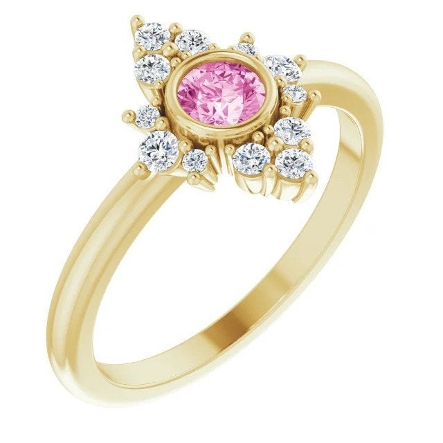 Pink Sapphire Diamond Cluster Gemstone Ring, 14K/18K Bezel Set, Yellow, White, Rose Gold, Non Traditional Engagement, Cocktail Ring - MiShelli
