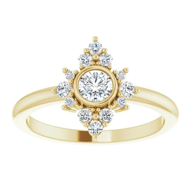 White Sapphire Diamond Cluster Gemstone Ring, 14K Bezel Set, Yellow, White, Rose Gold, Non Traditional Engagement, Cocktail Ring - MiShelli