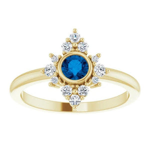 Blue Ceylon Sapphire Diamond Cluster Halo Gemstone Ring, 14K Gold - MiShelli