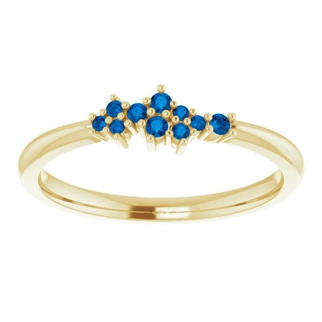 Ceylon Blue Sapphire Cluster Ring, Stacking Ring, 14k Gold, Low Profile, Non Traditional Wedding Band - MiShelli
