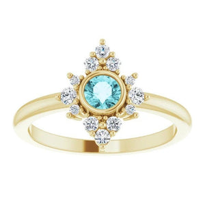Blue Zircon Diamond Cluster Gemstone Ring, 14K/18K Bezel Set, Yellow, White, Rose Gold, Non Traditional Engagement, Cocktail Ring - MiShelli