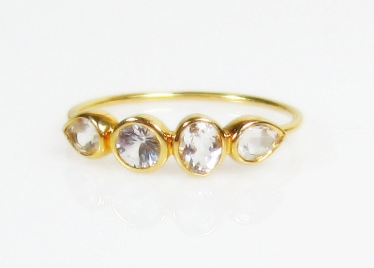 White Topaz 14K Gold Multi Stone Ring, Gemstone Band, Low Profile - MiShelli