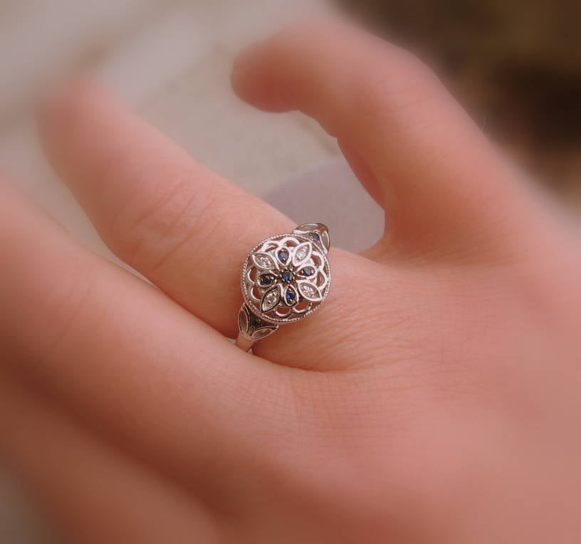 Vintage Style Blue Sapphire Diamond Silver Ring - MiShelli