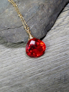 Red Quartz Necklace, Layering Solitaire Pendant, Wire Wrapped Gemstone, Gold Fill Necklace, Gift for Her, Length 20" - MiShelli
