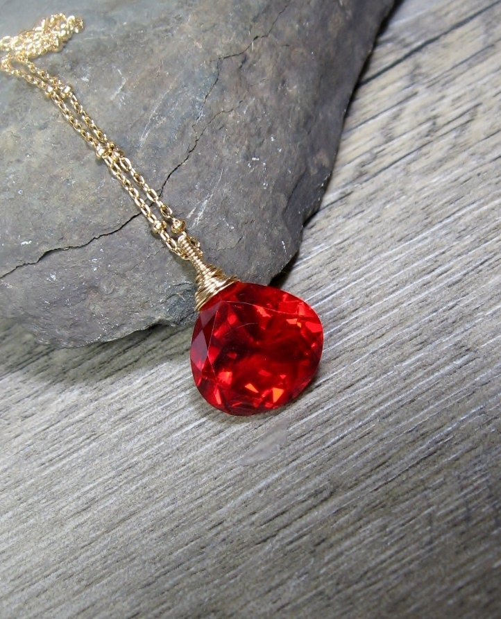 Red Quartz Necklace, Layering Solitaire Pendant, Wire Wrapped Gemstone, Gold Fill Necklace, Gift for Her, Length 20